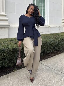 Alexandranx Lantern Sleeve Tie Front Peplum Blouse Peplum Top Fall Cloth For Women - Navy Blue - View 4