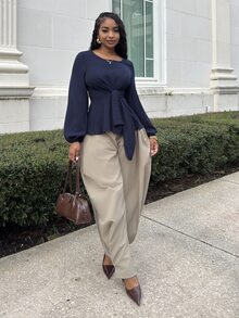 Alexandranx Lantern Sleeve Tie Front Peplum Blouse Peplum Top Fall Cloth For Women - Navy Blue - View 3