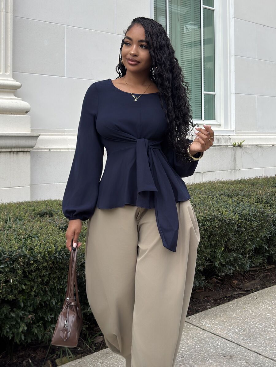 Alexandranx Lantern Sleeve Tie Front Peplum Blouse Peplum Top Fall Cloth For Women - Navy Blue - View 1