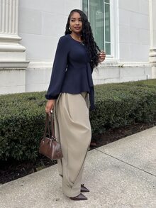 Alexandranx Lantern Sleeve Tie Front Peplum Blouse Peplum Top Fall Cloth For Women - Navy Blue - View 5