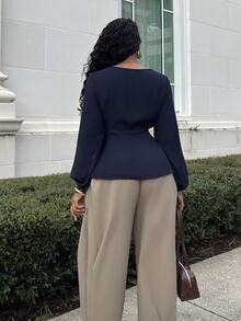 Alexandranx Lantern Sleeve Tie Front Peplum Blouse Peplum Top Fall Cloth For Women - Navy Blue - View 2