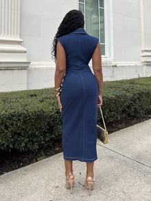 Alexandranx 優雅女款海軍藍牛仔長洋裝，秋季休閒早午餐修身收腰前開襟長裙，通勤辦公室海灘生日適用 - 深色水洗藍 - 查看 2
