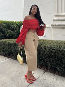 Alexandranx Women's Fashion Solid Color Off-Shoulder Lantern Sleeve Cropped Top - Red - View 6