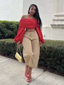 Alexandranx Women's Fashion Solid Color Off-Shoulder Lantern Sleeve Cropped Top - Red - View 4