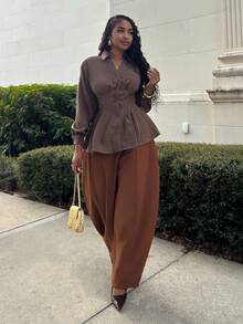 Alexandranx Women's New Autumn/Winter Cinched Waist A-Line Long Sleeve Blouse - Brown - View 3