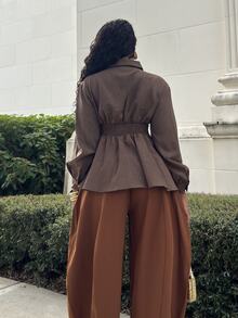 Alexandranx Women's New Autumn/Winter Cinched Waist A-Line Long Sleeve Blouse - Brown - View 2