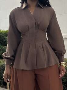 Alexandranx Women's New Autumn/Winter Cinched Waist A-Line Long Sleeve Blouse - Brown - View 6