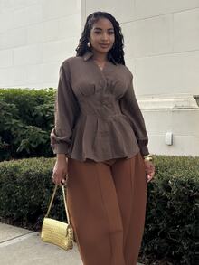 Alexandranx Women's New Autumn/Winter Cinched Waist A-Line Long Sleeve Blouse - Brown - View 1