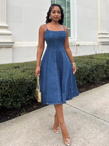 Alexandranx 女士褶裥长款休闲牛仔连体裤连衣裙吊带裙 - 深色水洗藍 - 查看 3