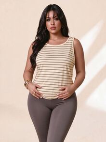 SHEIN Rhythm Era Women's Plus Size Striped Floral Pattern Sports T-Shirt & Tank Top - Cantaloupe Yellow - View 5