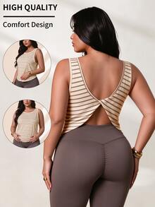 SHEIN Rhythm Era Women's Plus Size Striped Floral Pattern Sports T-Shirt & Tank Top - Cantaloupe Yellow - View 6