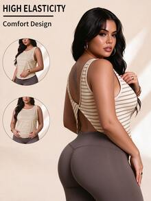 SHEIN Rhythm Era Women's Plus Size Striped Floral Pattern Sports T-Shirt & Tank Top - Cantaloupe Yellow - View 3