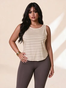 SHEIN Rhythm Era Women's Plus Size Striped Floral Pattern Sports T-Shirt & Tank Top - Cantaloupe Yellow - View 8