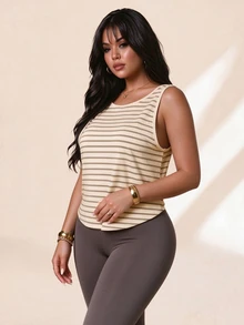 SHEIN Rhythm Era Women's Plus Size Striped Floral Pattern Sports T-Shirt & Tank Top - Cantaloupe Yellow - View 2