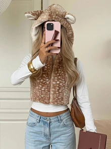 CovetEZ Women's Animal Print Plush Zipper Front 3D Ear Hooded Vest Regular Fit Jacket - Brown - View 4