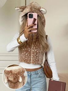 CovetEZ Women's Animal Print Plush Zipper Front 3D Ear Hooded Vest Regular Fit Jacket - Brown - View 1