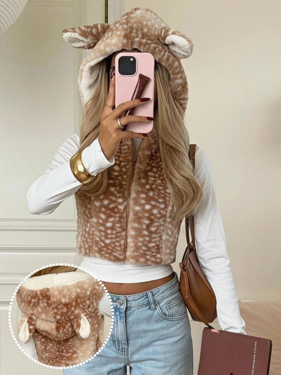 CovetEZ Women's Animal Print Plush Zipper Front 3D Ear Hooded Vest Regular Fit Jacket - Brown - View 1