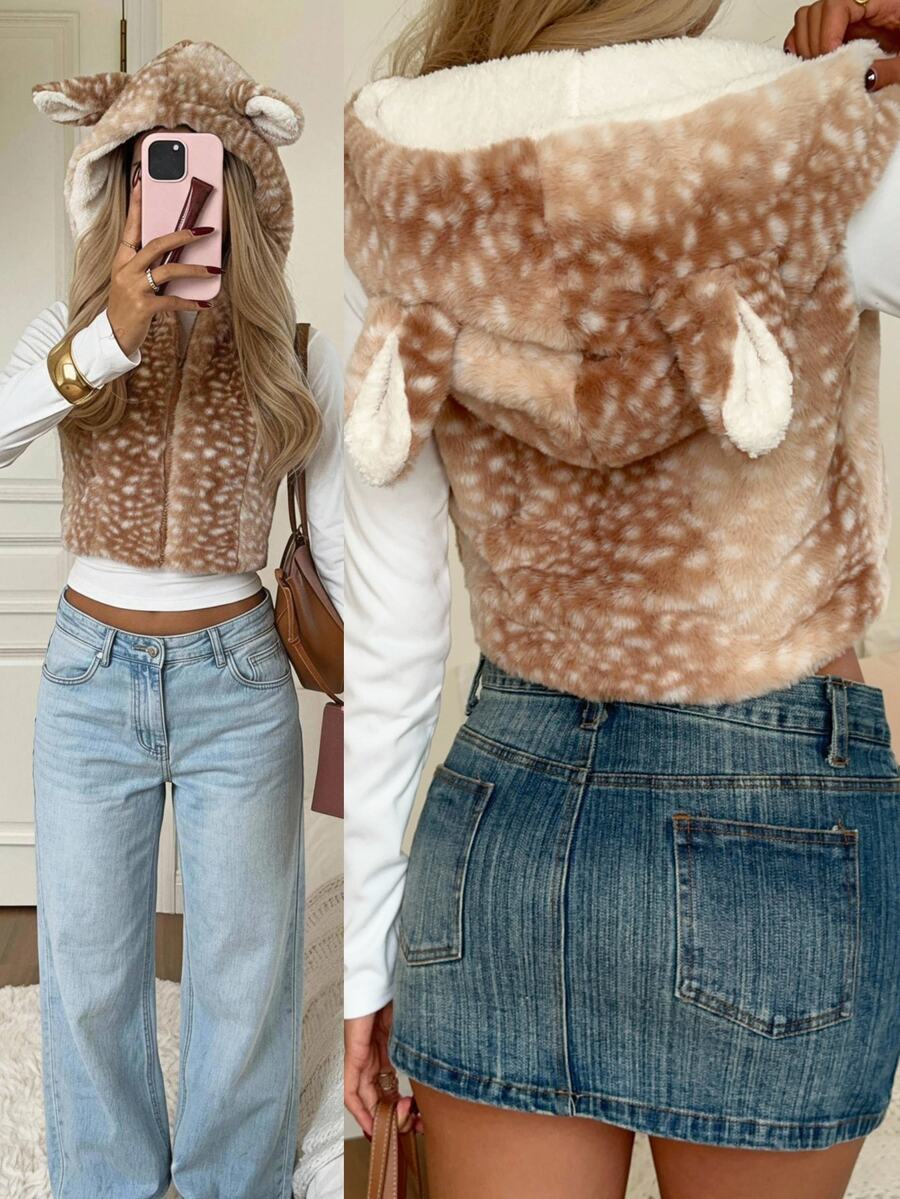 CovetEZ 女款動物印花毛絨前拉鍊3D耳朵連帽背心外套,標準版型 - 棕色 - 查看 1