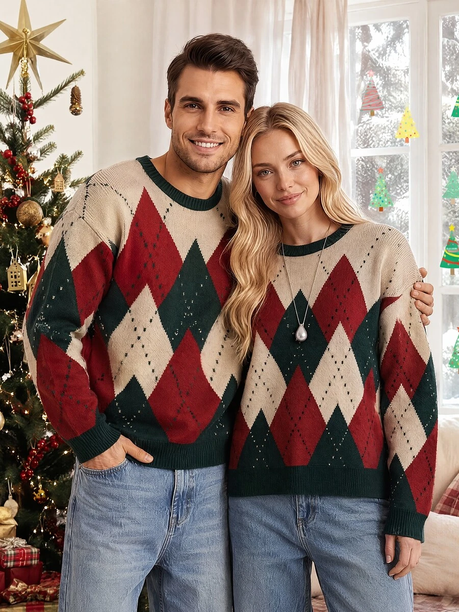 Sorvial Christmas Family Matching Men's Jacquard Long Sleeve Sweater, Old Money - Green - View 1