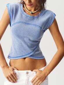 Bohemela Women's Boho Casual Solid Color Knit Crew Neck Fitted Asymmetrical Hem T-Shirt, Autumn/Winter - Blue - View 6