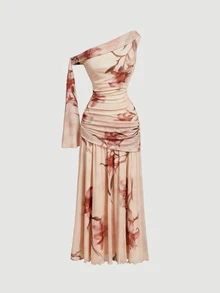SHEIN MOD Sexy Floral Print Asymmetrical Shoulder Vacation Dress - Multicolor - View 5