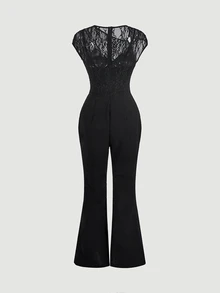 SHEIN MOD جمبسوت نسائي بلون موحد وياقة غير متماثلة وتصميم دانتيل مرقع وساق واسعة - الأسود - مشاهدة 6