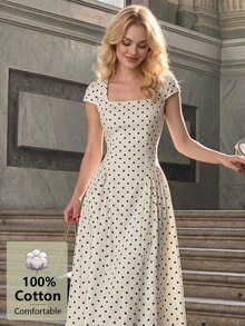 SHEIN MOD 女款 100% 純棉波點方領短袖百褶 A 字中長洋裝 白色甜美少女風休閒度假派對聖誕秋季洋裝 - 黑與白 - 查看 2