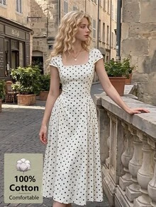 SHEIN MOD 女款 100% 純棉波點方領短袖百褶 A 字中長洋裝 白色甜美少女風休閒度假派對聖誕秋季洋裝 - 黑與白 - 查看 3