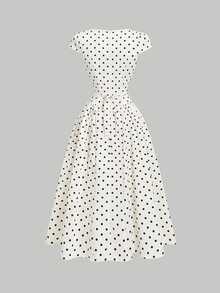 SHEIN MOD 女款 100% 純棉波點方領短袖百褶 A 字中長洋裝 白色甜美少女風休閒度假派對聖誕秋季洋裝 - 黑與白 - 查看 6