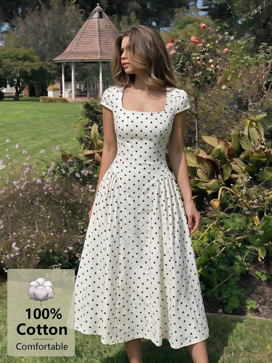SHEIN MOD 女款 100% 純棉波點方領短袖百褶 A 字中長洋裝 白色甜美少女風休閒度假派對聖誕秋季洋裝 - 黑與白 - 查看 1