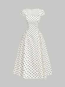 SHEIN MOD 女款 100% 純棉波點方領短袖百褶 A 字中長洋裝 白色甜美少女風休閒度假派對聖誕秋季洋裝 - 黑與白 - 查看 5