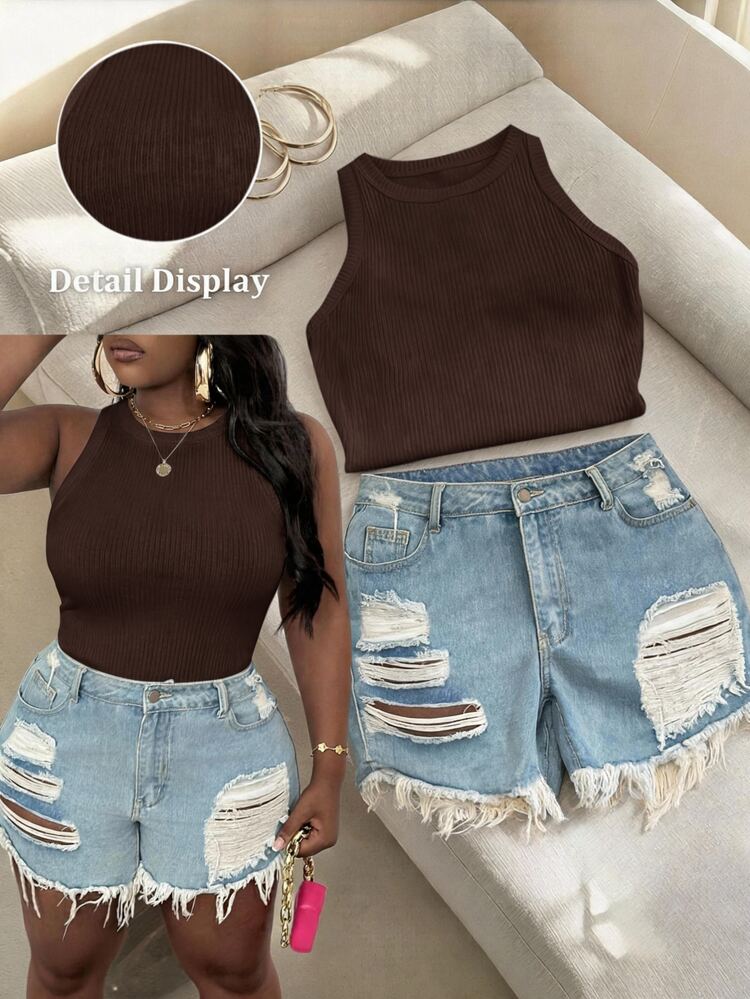 Slaydiva Plus Size Casual Basic Fitted Brown Round Neck Cold Shoulder Tank Top - Brown - View 6