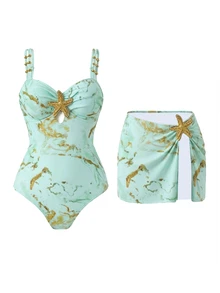 SHEIN Swim 女款星星裝飾可愛休閒度假風兩件式連身泳衣套裝 - 彩色 - 查看 1