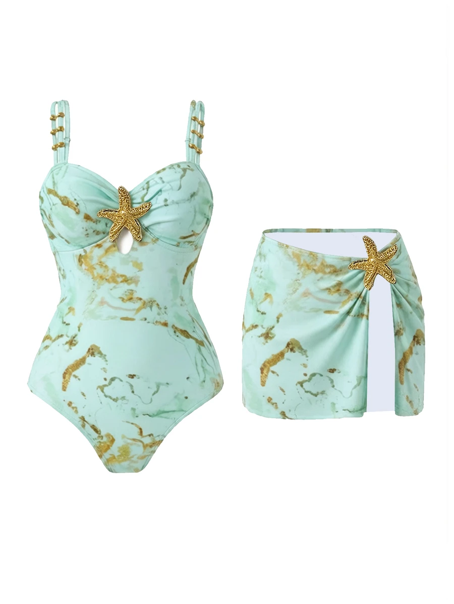 SHEIN Swim 女款星星裝飾可愛休閒度假風兩件式連身泳衣套裝 - 彩色 - 查看 1