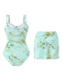 SHEIN Swim 女款星星裝飾可愛休閒度假風兩件式連身泳衣套裝 - 彩色 - 查看 2