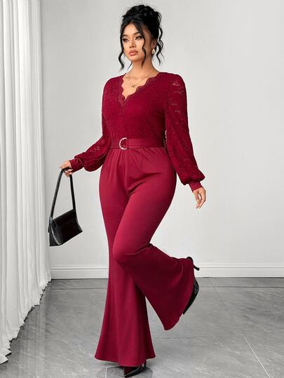 Elenzga Plus Size French Style V-Neck Lace Patchwork Hollow Lantern Sleeve Waist Belt Wide Leg Jumpsuit Christmas