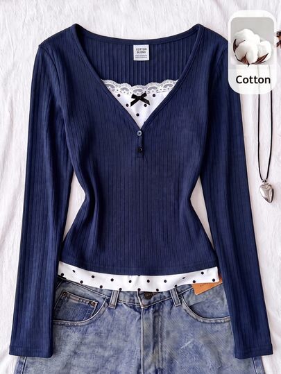 SHEIN Camiseta de manga larga casual para adolescente con patchwork azul real, lunares, ribete de encaje y lazo