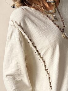 Bohemela Kaos Wanita Kasual Boho Musim Gugur Warna Polos Rajut Kerah Bulat Lengan Panjang Longgar Dicuci - Aprikot - View 3
