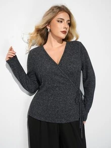 Maija Plus Size Women's V-Neck Casual Daily Long Sleeve Top Fall - Dark Grey - View 7