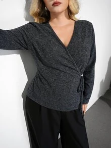 Maija Plus Size Women's V-Neck Casual Daily Long Sleeve Top Fall - Dark Grey - View 1