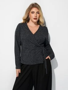 Maija Plus Size Women's V-Neck Casual Daily Long Sleeve Top Fall - Dark Grey - View 4