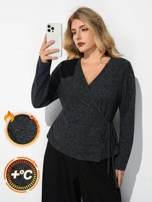 Maija Plus Size Women's V-Neck Casual Daily Long Sleeve Top Fall - Dark Grey - View 2