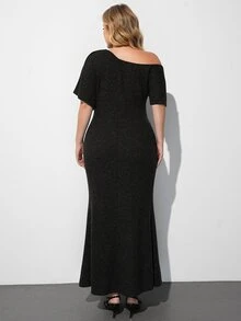 Maija Plus Size Women's Solid Color Asymmetrical Shoulder Casual Party & Travel Dress - Black - View 3