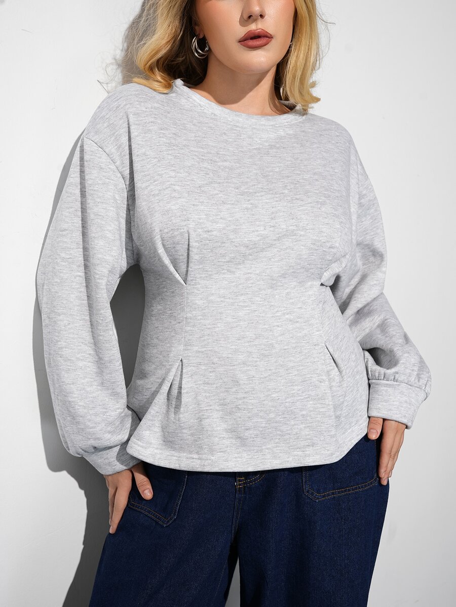 Maija Plus Size Women's Solid Color Casual Everyday Long Sleeve Sweatshirt Fall - Light Grey - View 1