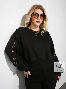 Maija Plus Size Women's Solid Color Eyelet Decor Casual Daily Long Sleeve Sweatshirt - Black - View 7