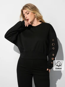 Maija Plus Size Women's Solid Color Eyelet Decor Casual Daily Long Sleeve Sweatshirt - Black - View 5