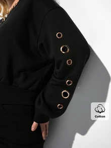 Maija Plus Size Women's Solid Color Eyelet Decor Casual Daily Long Sleeve Sweatshirt - Black - View 2