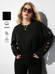 Maija Plus Size Women's Solid Color Eyelet Decor Casual Daily Long Sleeve Sweatshirt - Black - View 1