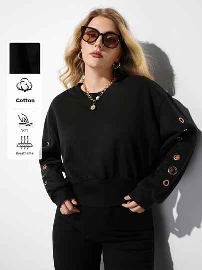 Maija Plus Size Women's Solid Color Eyelet Decor Casual Daily Long Sleeve Sweatshirt
