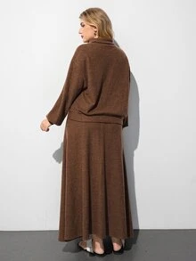 Maija Women's Plus Size 2 Pieces Set With High Neck Long Sleeve Top And Long Skirt - Brown - View 2